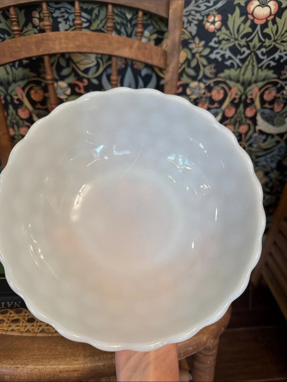 Vintage 1950's Anchor Hocking Bubble Pattern Milk Glass Bowl Scalloped Edge